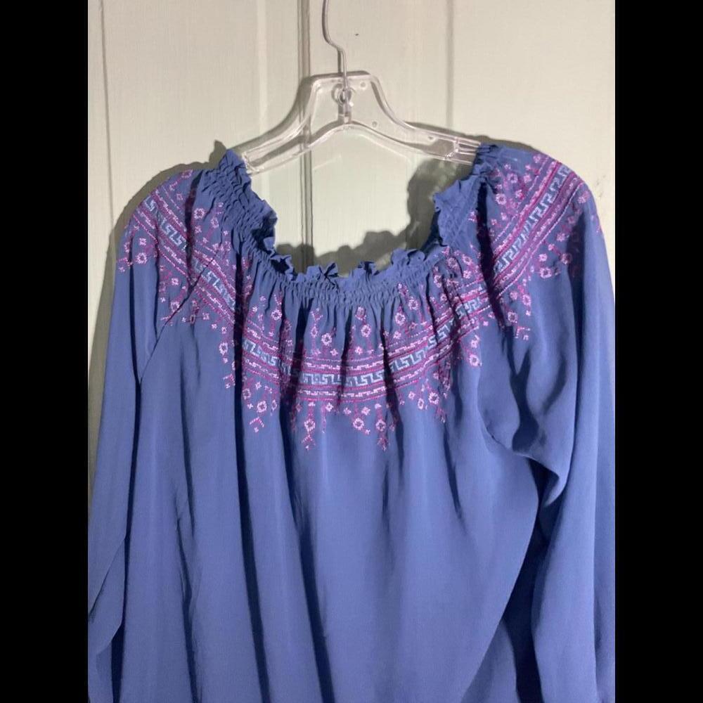 Boutique Sheer Blue  Boho Blouse with Purple Embroidery and Tassels Size XL - Picture 8 of 9